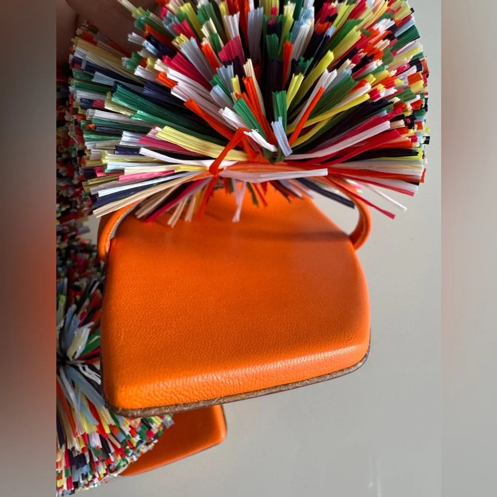 Bottega Veneta *NEW* Leather Orange Multicolor Pom Pom Heels- Size 6.5 US - Picture 6 of 10